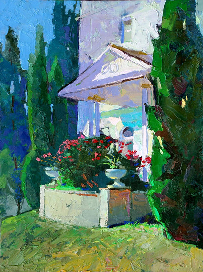 Oil painting Summer sketch by Egor Shvachunov: white porch with pediment, columns, trees