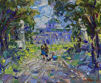 Oil painting Alley in the Park by Oleksiy Ivanyuk with cobblestone path