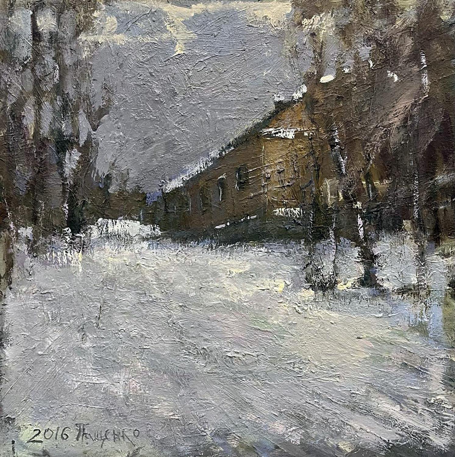 Oil painting by Volodymyr Pashchenko: snowy house among bare trees