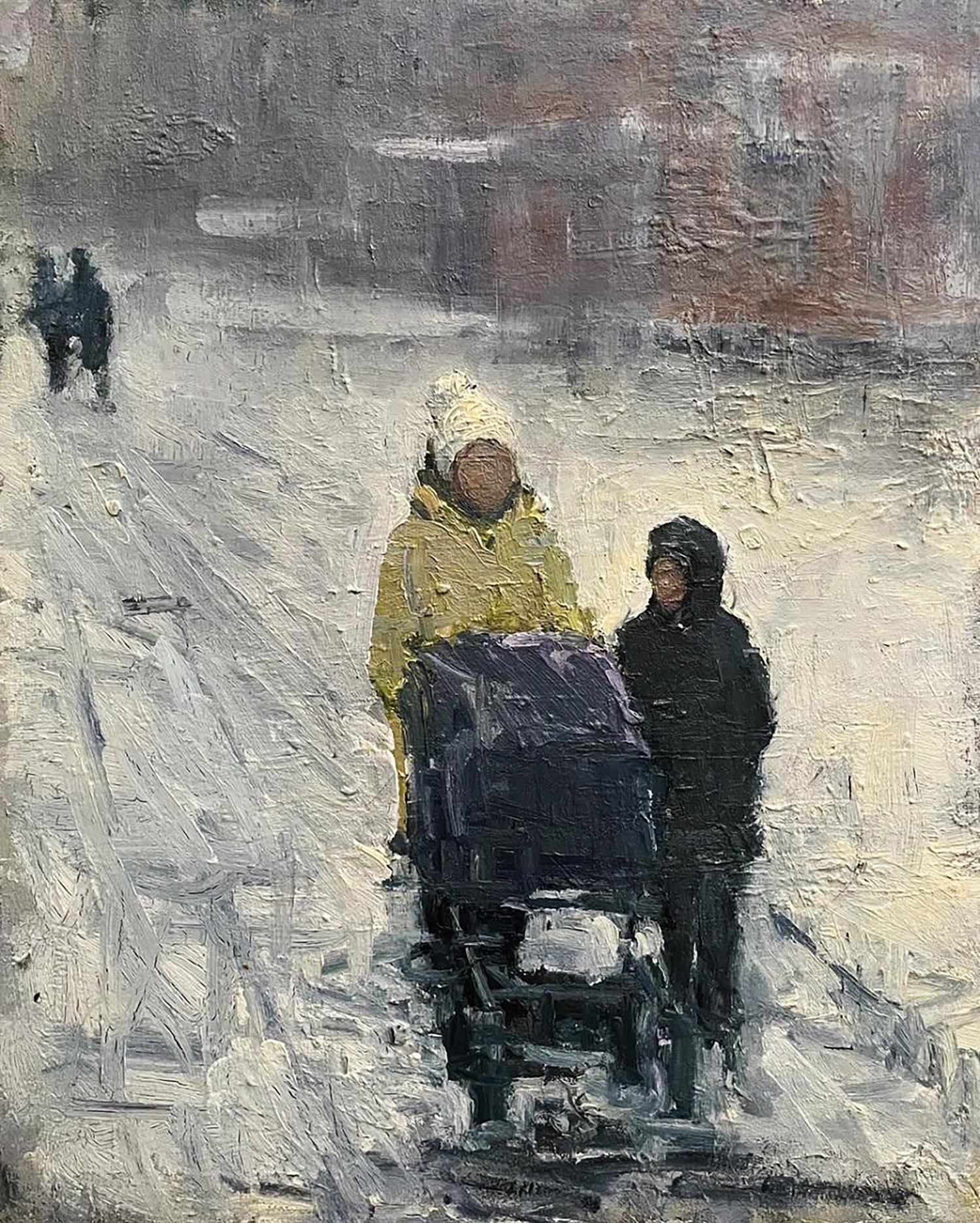 Oil painting Quiet conversation by Volodymyr Pashchenko snowy figures