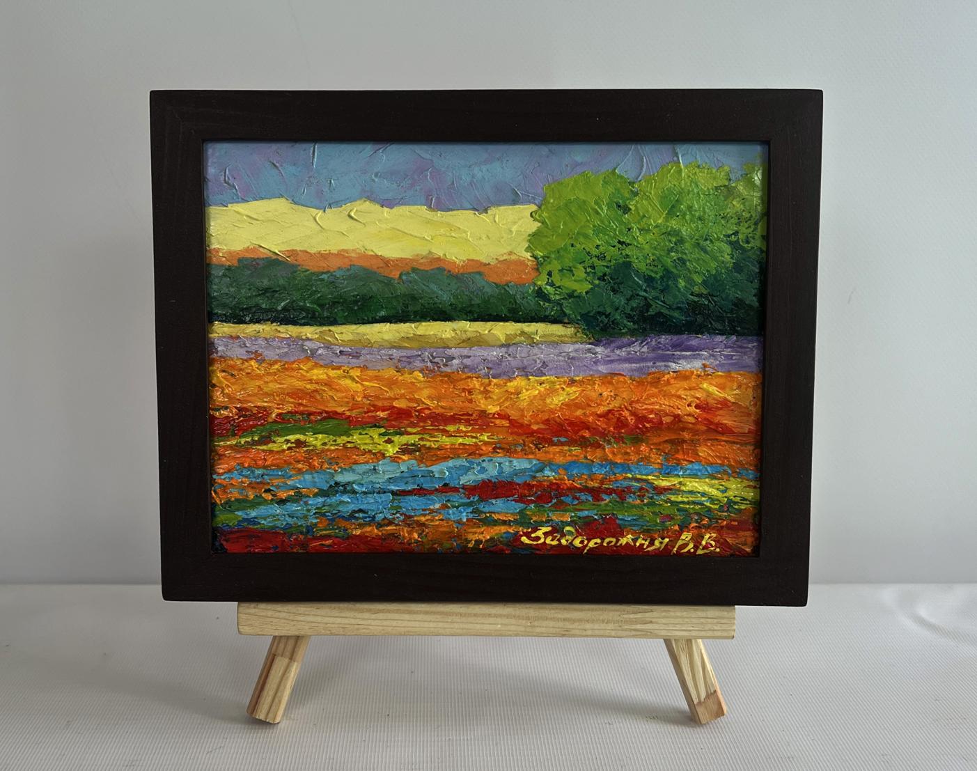 Oil painting Summer evening in the colors of nature V. Zadorozhnya vibrant orange blue fields