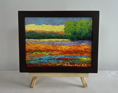 Oil painting Summer evening in the colors of nature V. Zadorozhnya vibrant orange blue fields