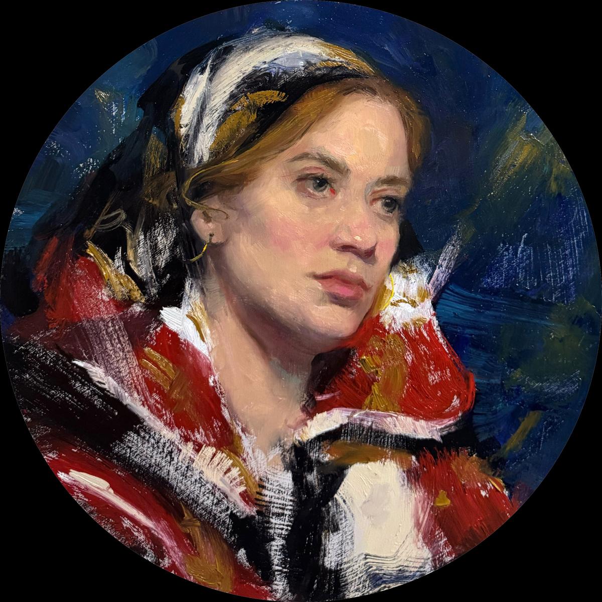 Oil painting portrait of Bea looking into distance by Annam Butt