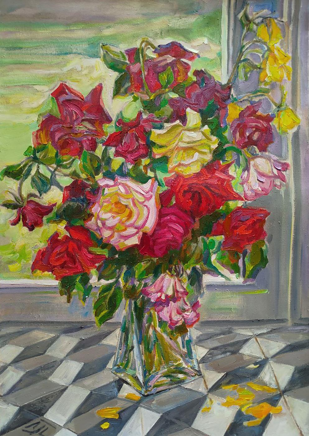 Oil painting of vibrant rose bouquet on balcony by Leonid Pavlenko