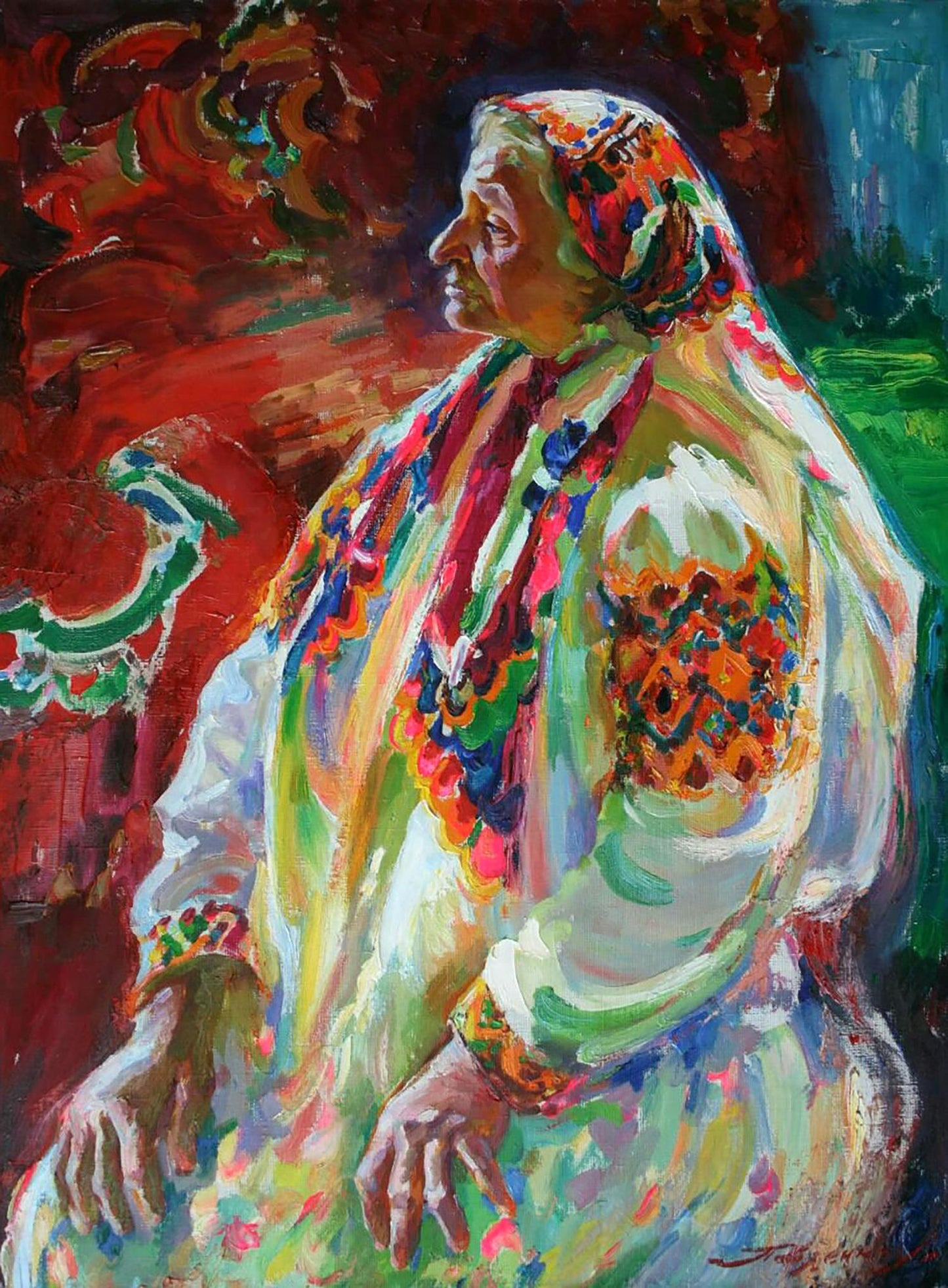 Oil painting of vibrant embroidered folk costume by Leonid Pavlenko