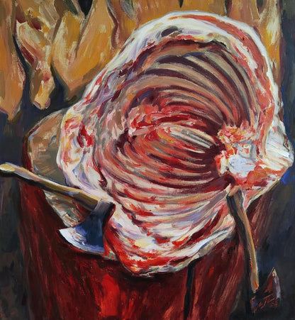 Oil painting by Leonid Pavlenko of spiral-cut rib on wood with axe