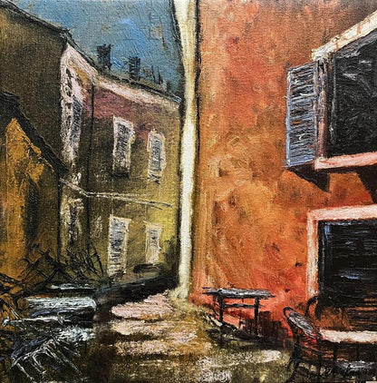 Oil painting Unchanging by Serhiy Kovalev: textured alleyway in warm tones
