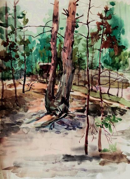 Watercolor forest painting with tall pine trees by Vitaly Duhnevich