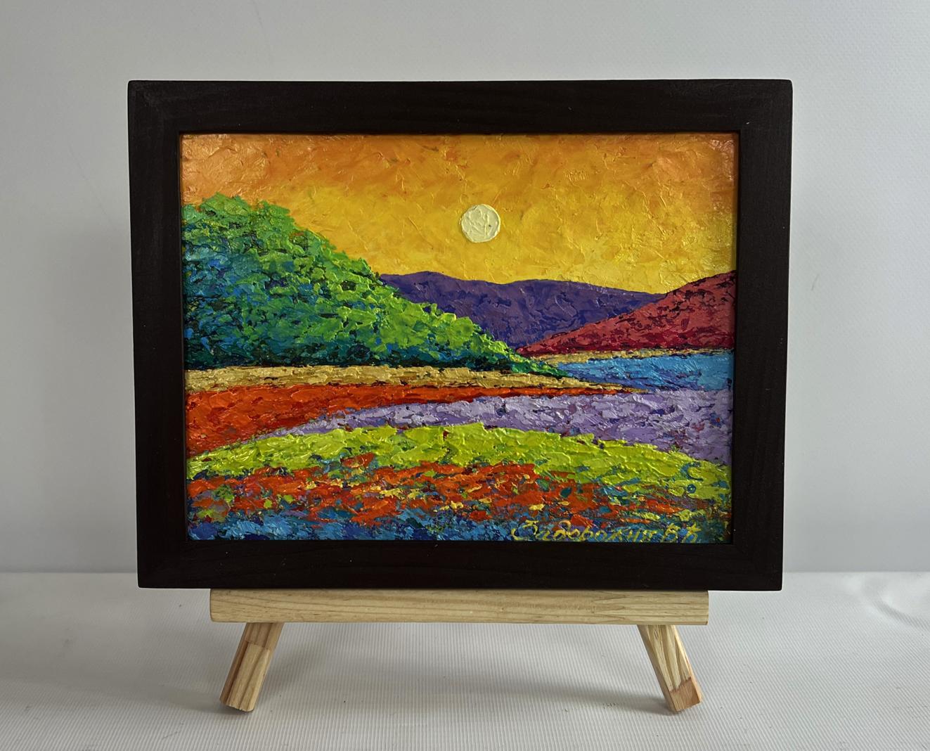 Oil painting Shades of yellow sunset by V. Zadorozhnya in black frame