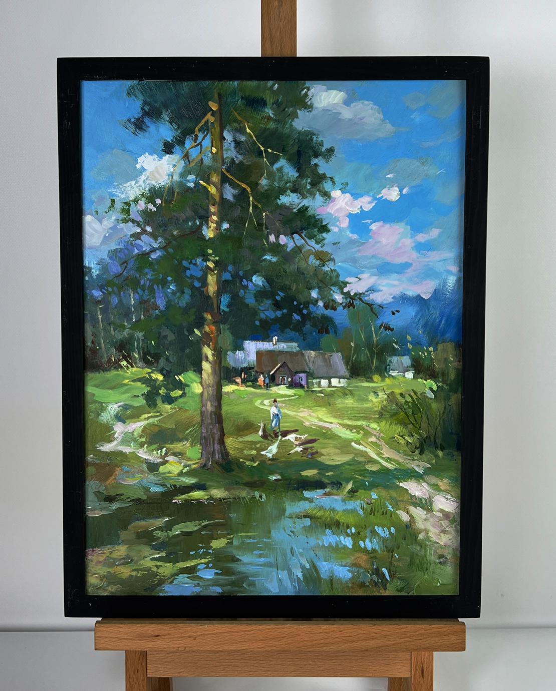 Oil painting of swamps near village by Yuriy Suprunchuk in black frame