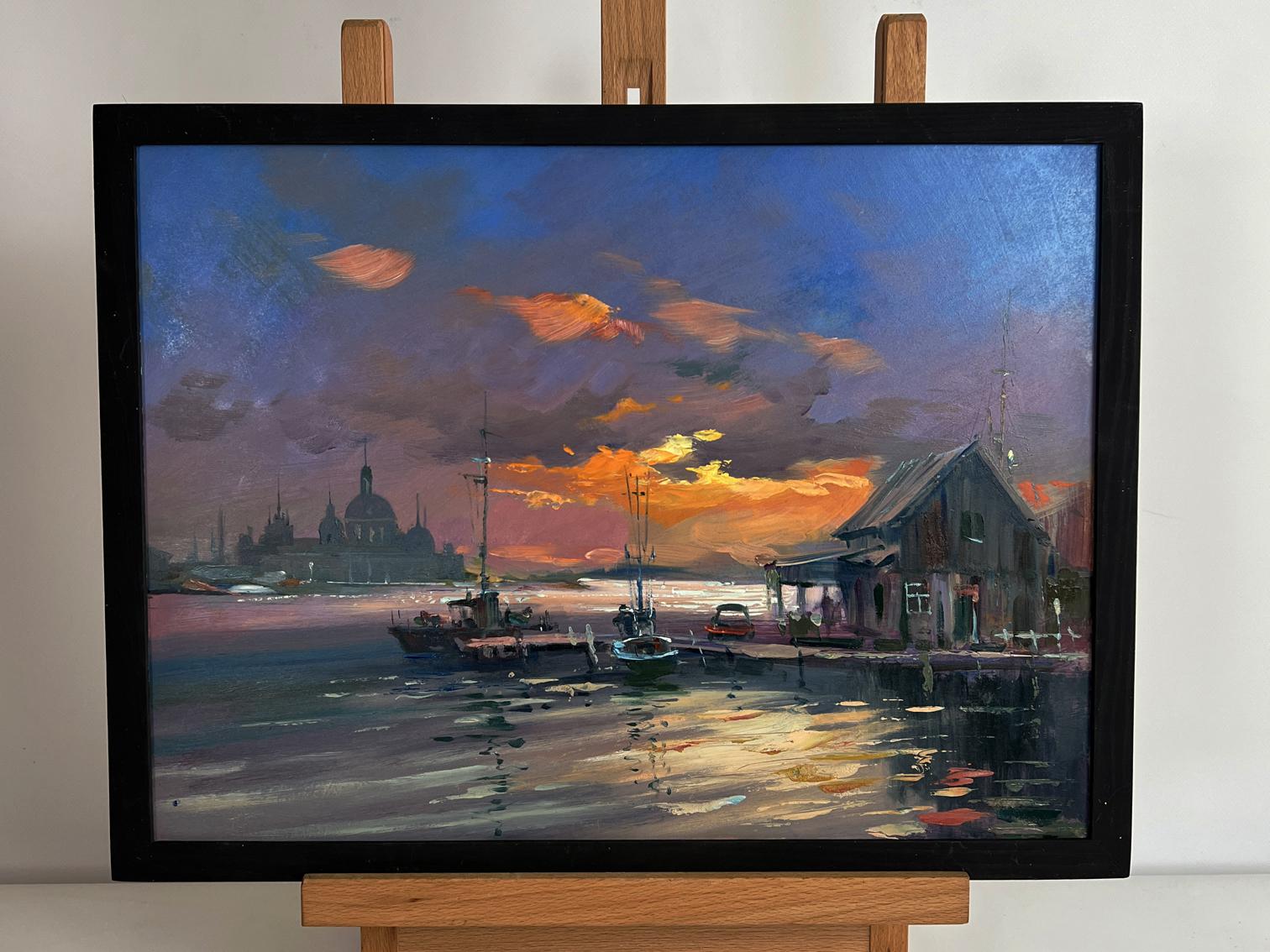 Oil painting Evening boat dock by Yuriy Suprunchuk in black frame