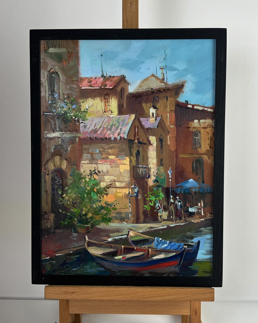 Framed oil painting of sunlit Venice canal by Yuriy Suprunchuk