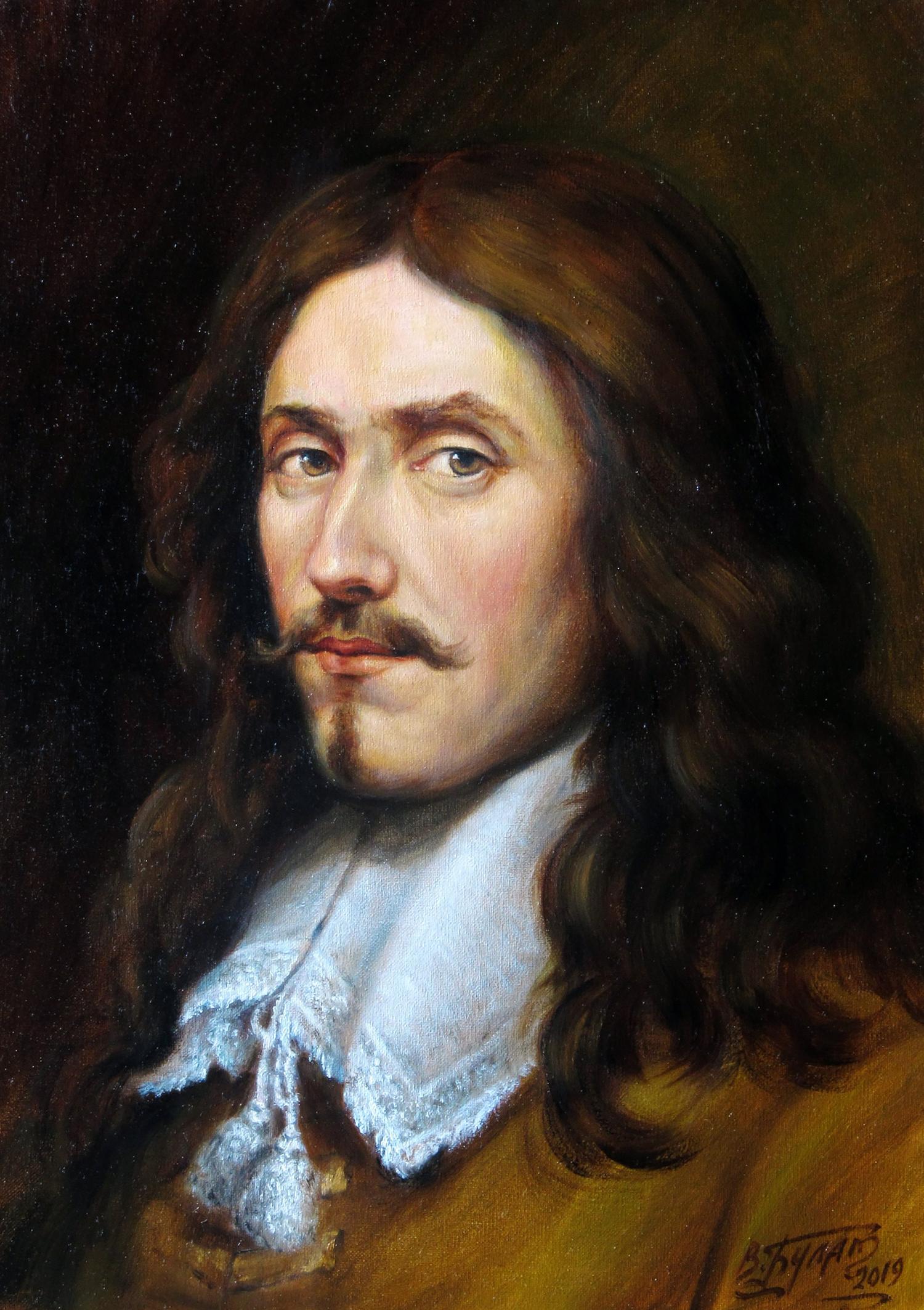 Oil painting Chevalier Valeriy Bulat portrait of man with long hair and mustache