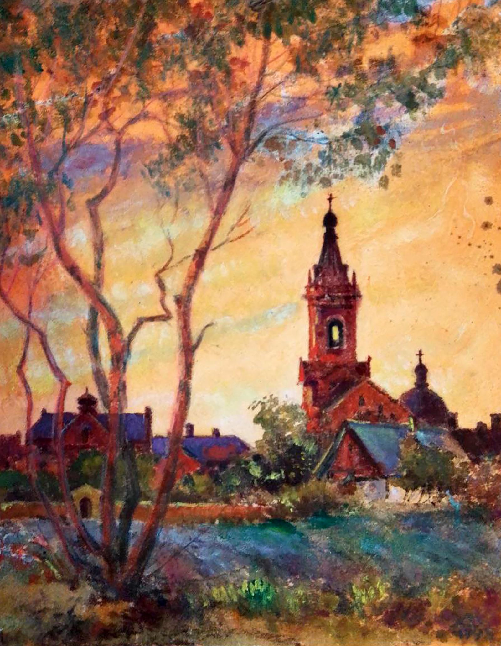 Oil painting of red brick church tower by Vitaly Duhnevich
