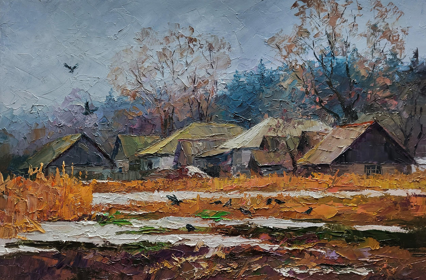Oil painting The first snow fell in the village by Boris Serdyuk