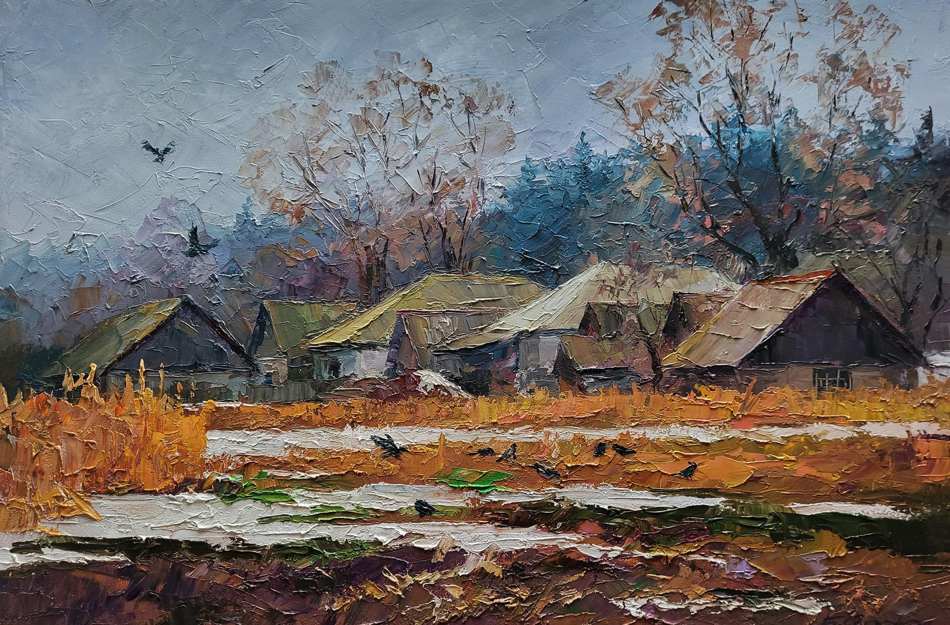 Oil painting The first snow fell in the village by Boris Serdyuk