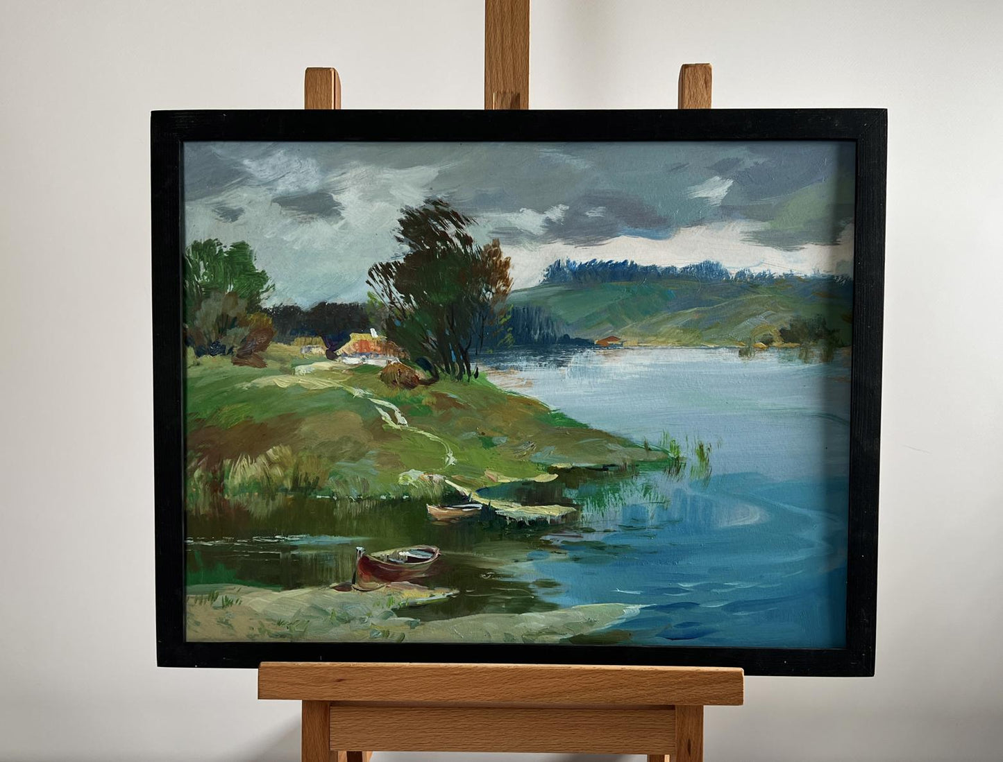 Framed oil painting River near the village by Yuriy Suprunchuk lakeside scene