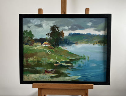 Framed oil painting River near the village by Yuriy Suprunchuk lakeside scene