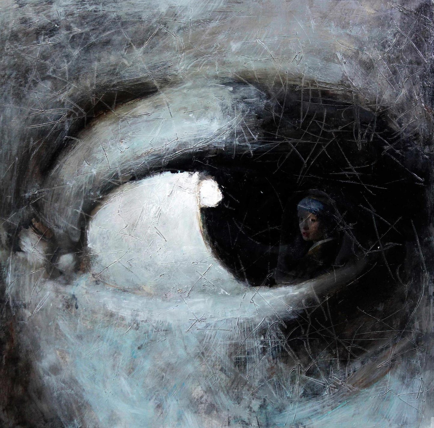 Oil painting Famous girl Ed Potapenkov with textured eye and small figure