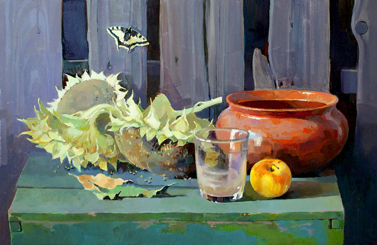 Oil painting by Anastasia Yaroshevich: green box with dried sunflower, orange pot, yellow apple