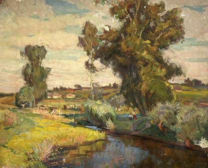 Vibrant impressionist oil painting of river through steppe by Yuri Lyubavin