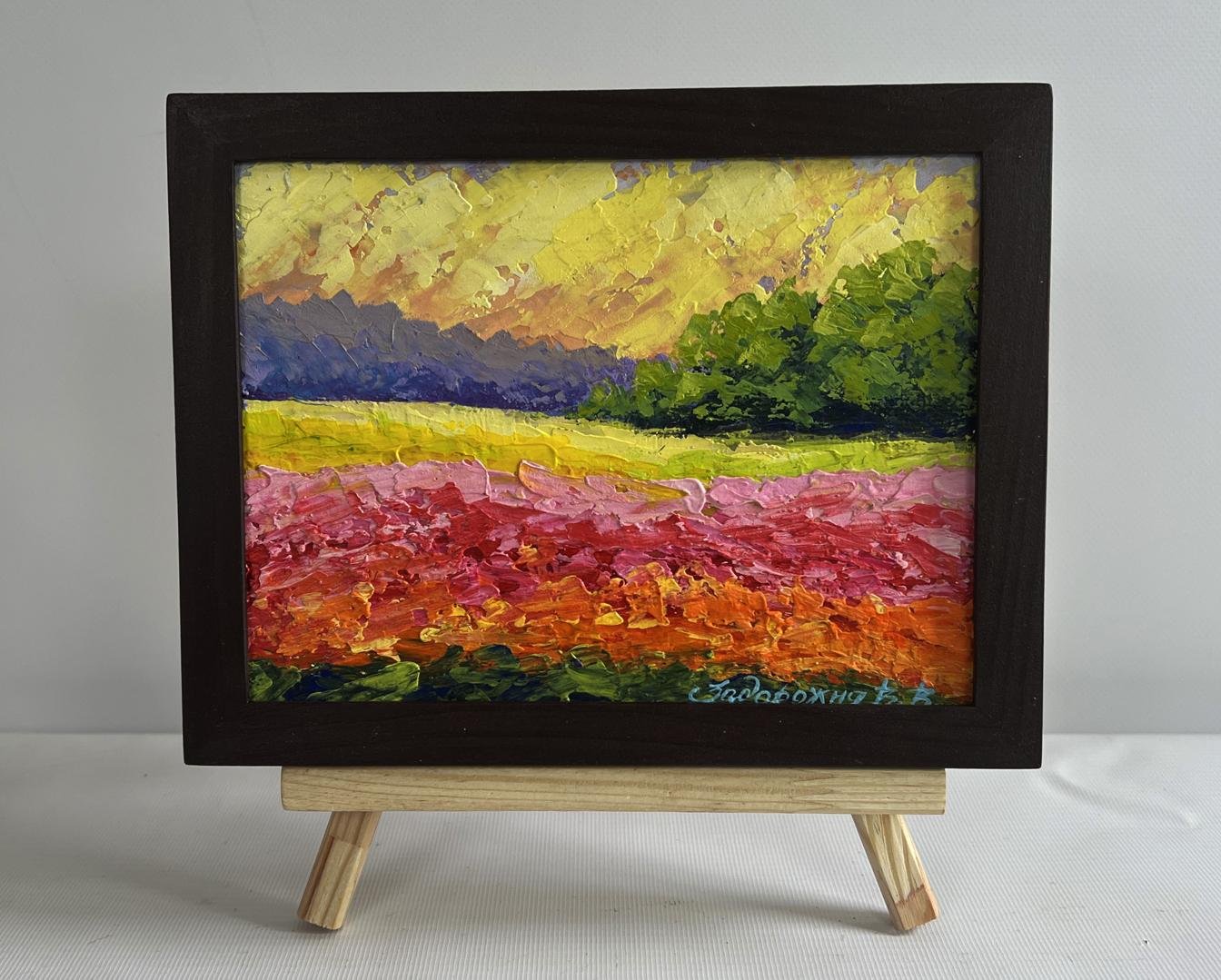 Oil painting Sunset among forest and fields by V. Zadorozhnya