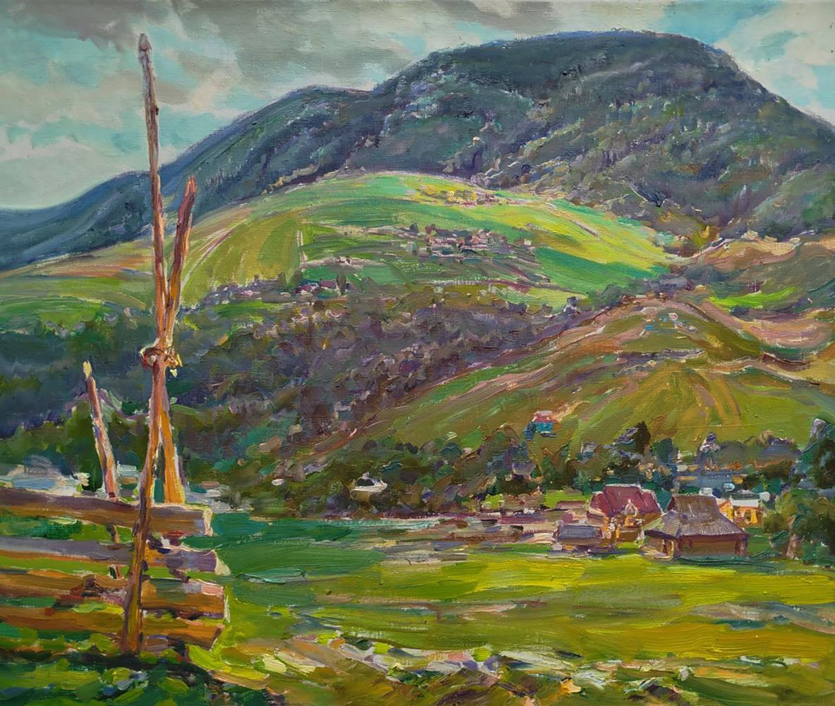 Vibrant oil painting of rural mountains by Leonid Pavlenko