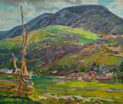 Vibrant oil painting of rural mountains by Leonid Pavlenko