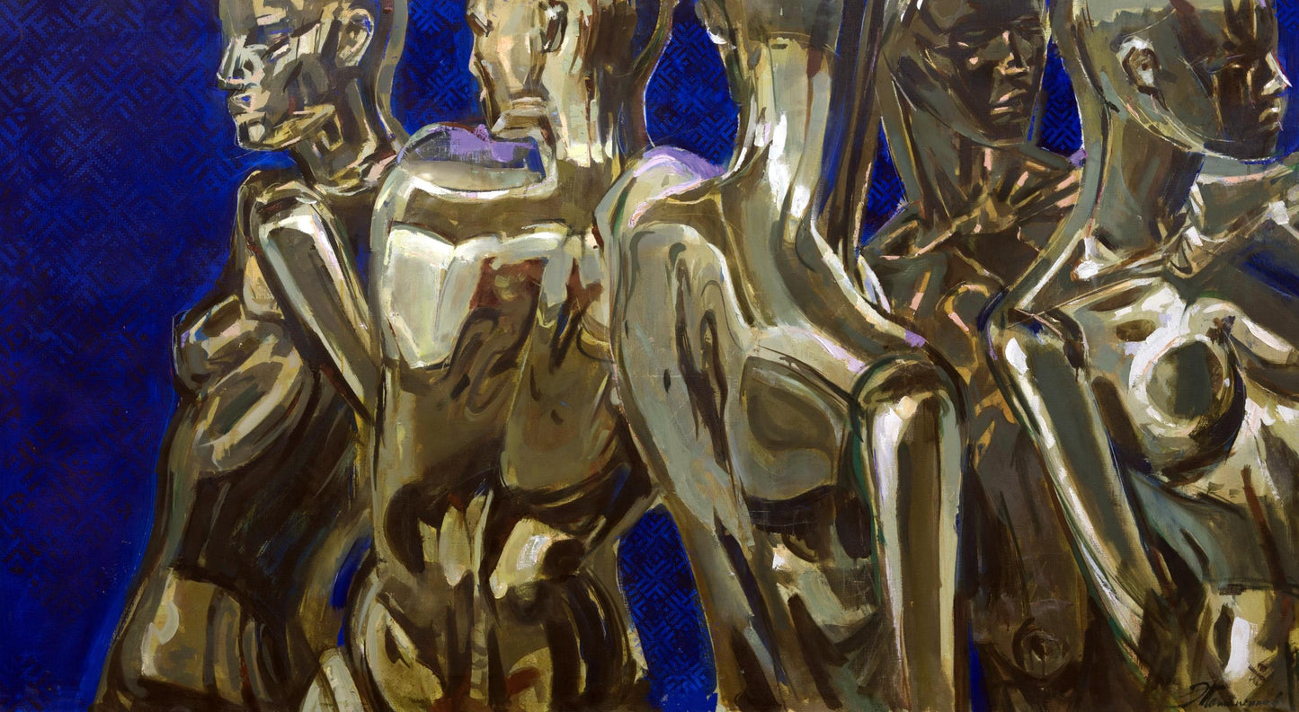 Acrylic painting of metallic gold silver Oscar statuettes on blue background by Ed Potapenkov
