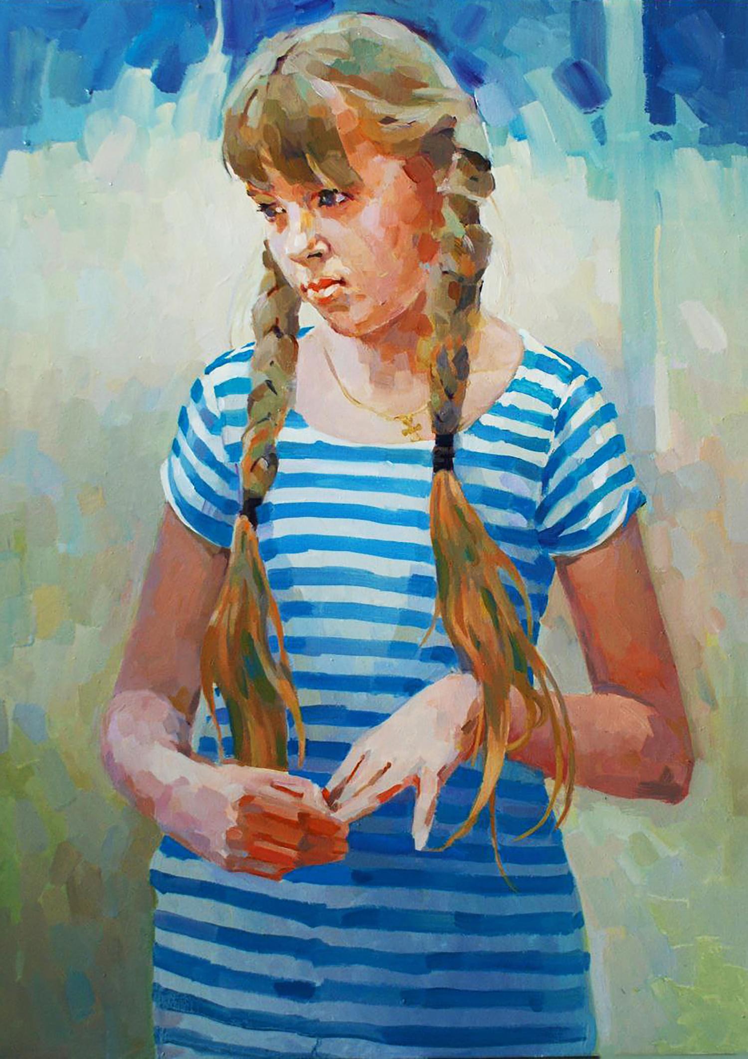 Oil painting Morning portrait of girl with blonde braids by Anastasia Yaroshevich