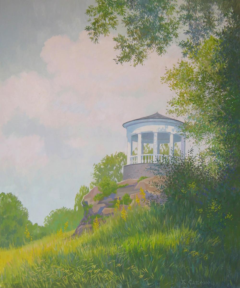 White octagonal gazebo with dark roof in Valery Savenets summer morning park painting