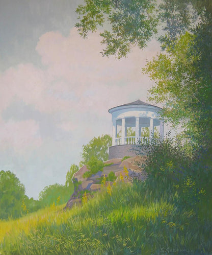 White octagonal gazebo with dark roof in Valery Savenets summer morning park painting