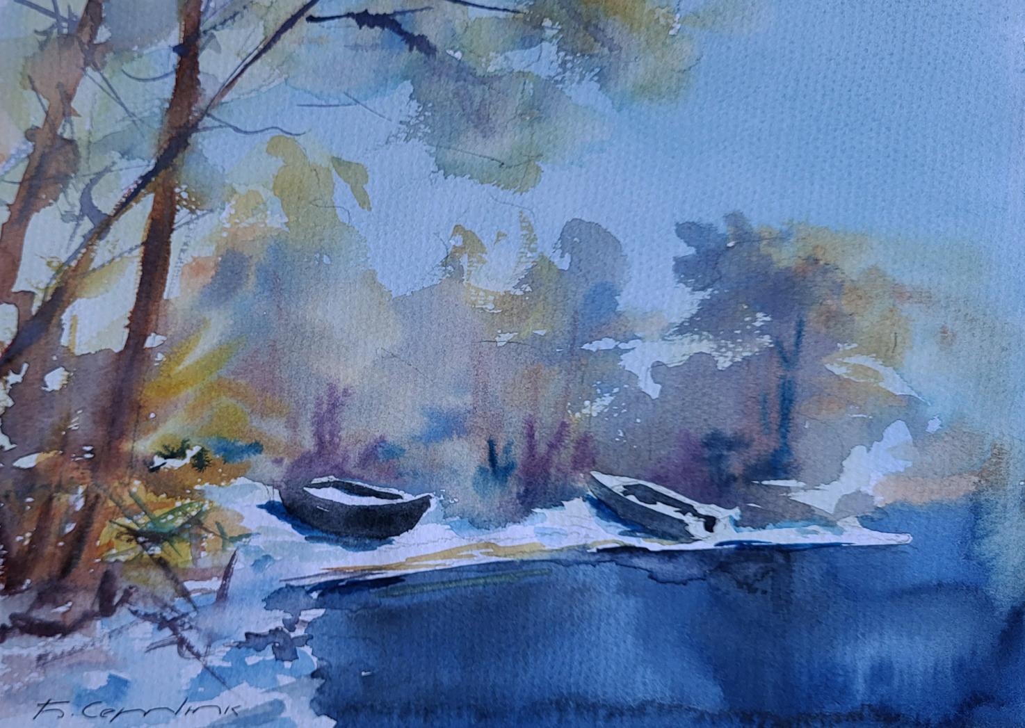 Watercolor painting of snowy morning light with rowboats by Boris Serdyuk