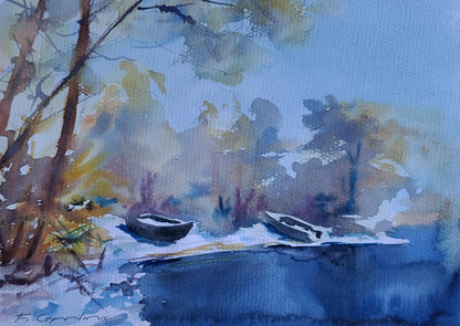 Watercolor painting of snowy morning light with rowboats by Boris Serdyuk