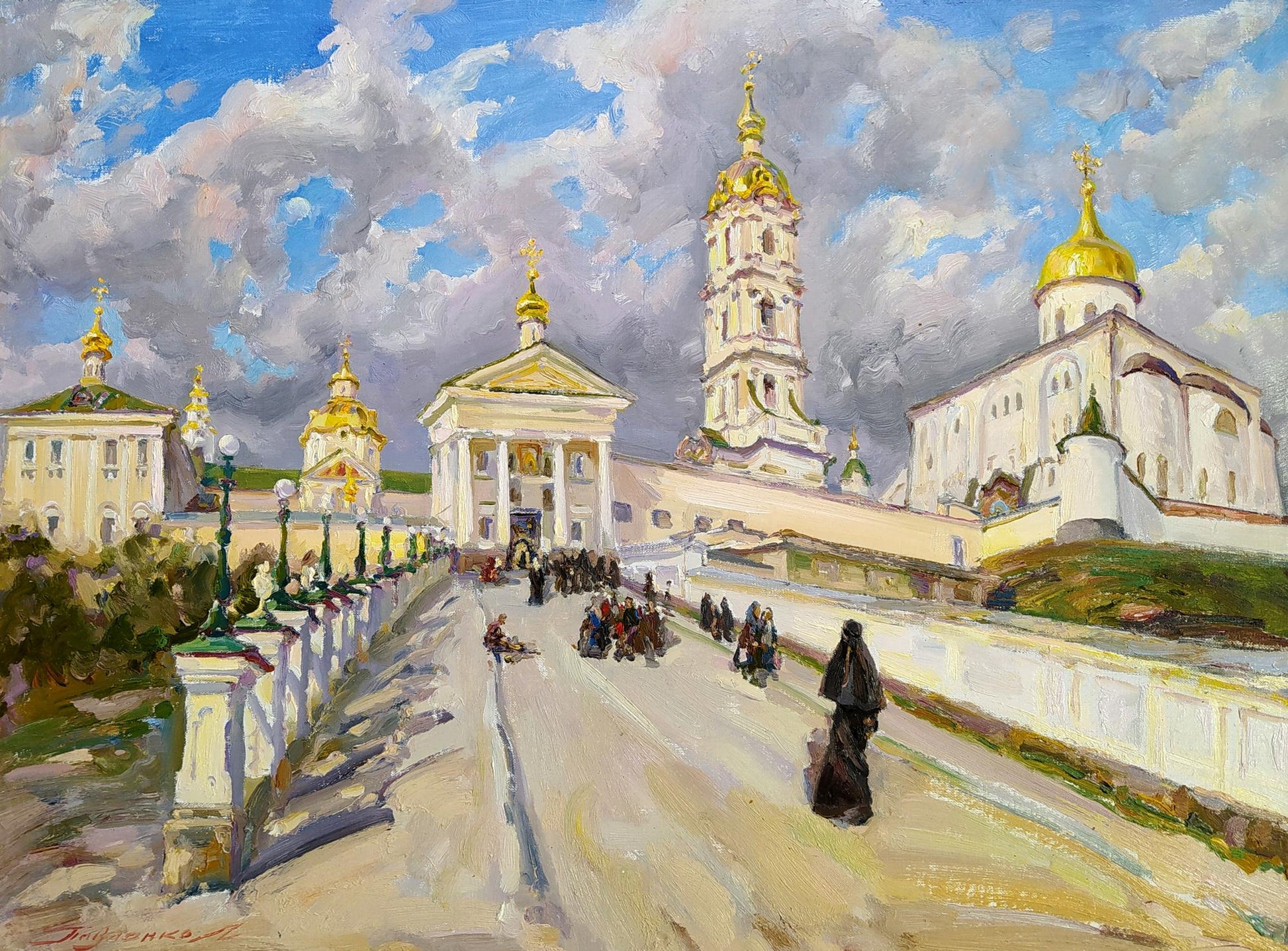 Oil painting of Entrance to the Lavra by Leonid Pavlenko, white cathedral with golden domes
