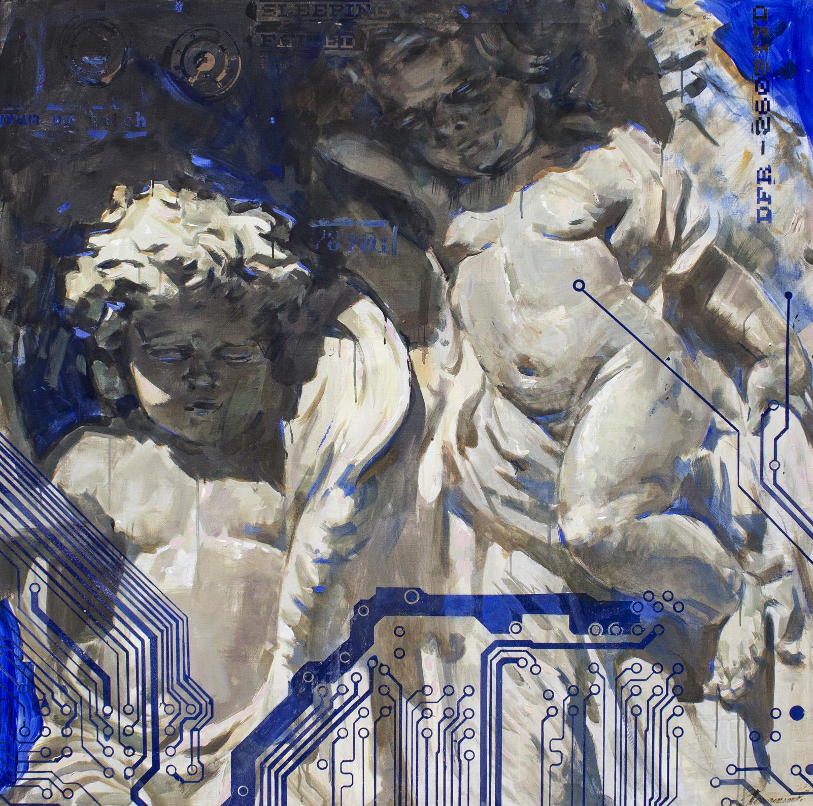 Oil painting System Angels by Ed Potapenkov with cherubs and circuits