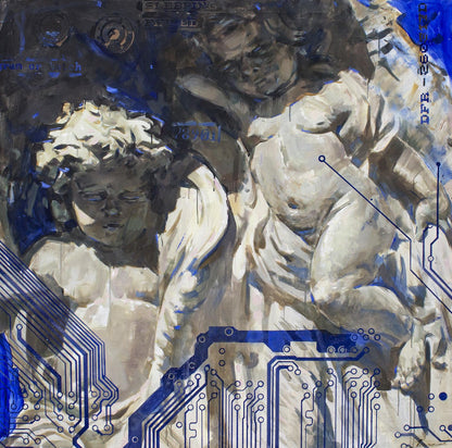 Oil painting System Angels by Ed Potapenkov with cherubs and circuits