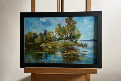 Oil painting The river washes the forest by Yuriy Suprunchuk lakeside scene