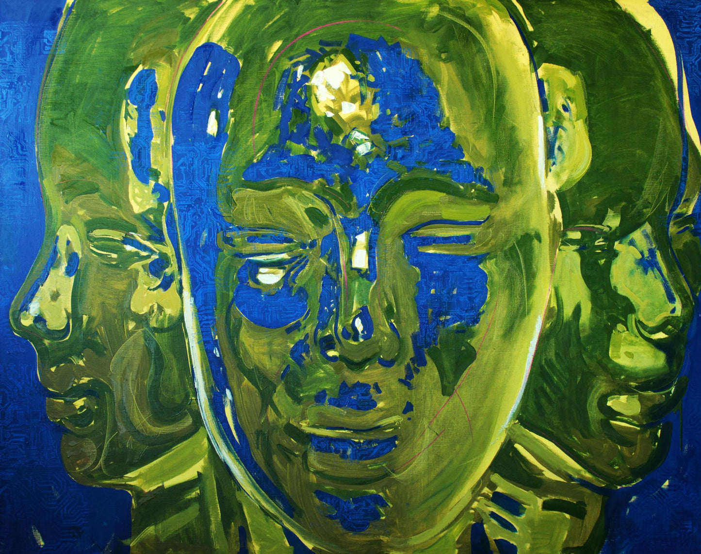 Vibrant Janus oil painting by Ed Potapenkov in green blue hues