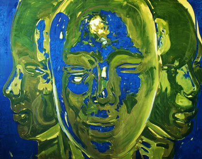 Vibrant Janus oil painting by Ed Potapenkov in green blue hues
