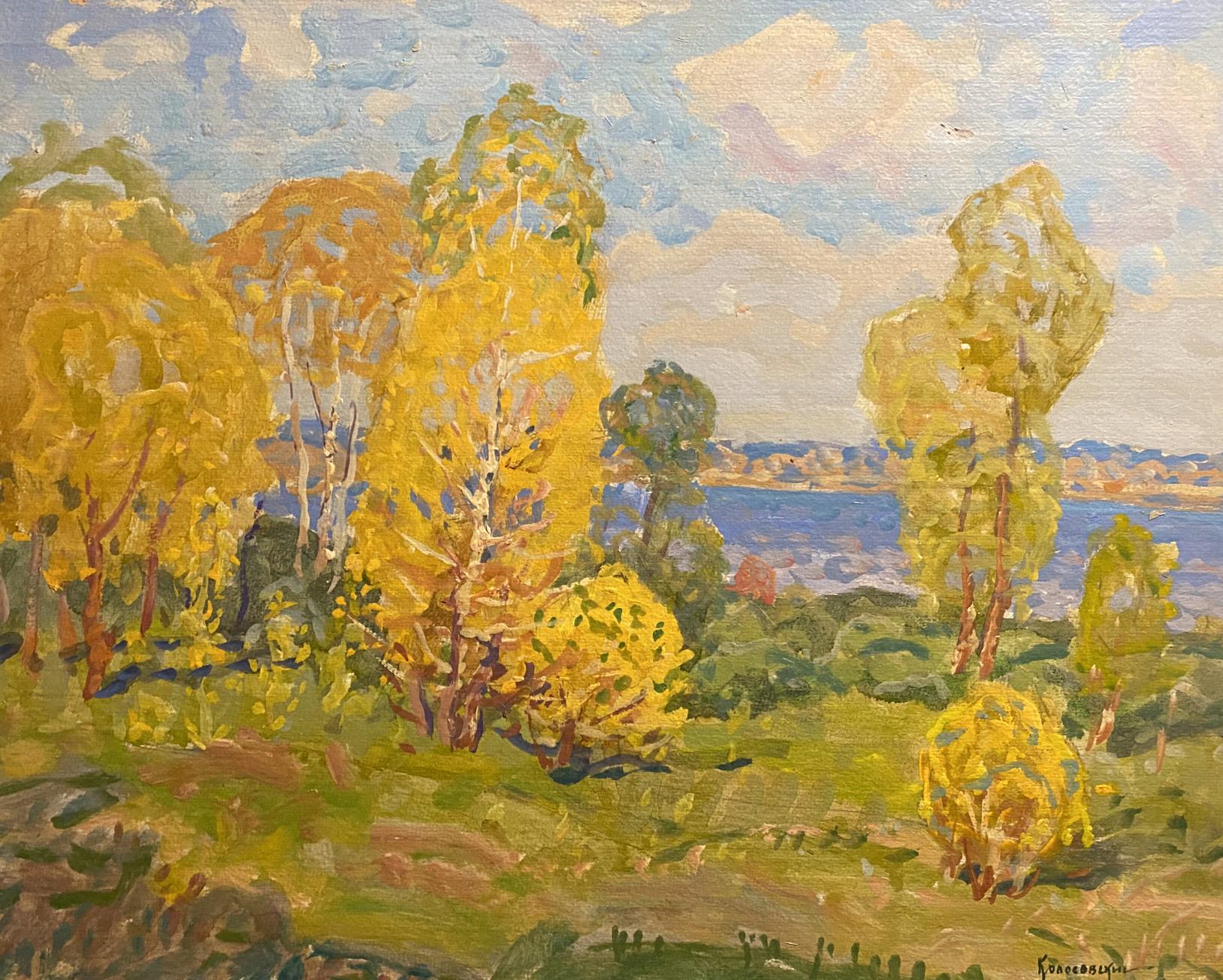 Oil painting Golden morning by Georgy Kolosovsky: birch trees in golden foliage