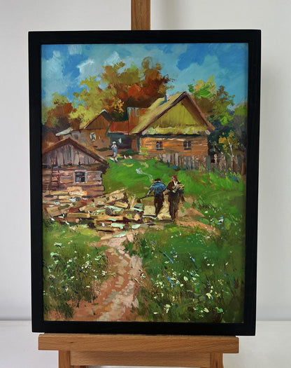 Framed oil painting by Yuriy Suprunchuk of summer village scene