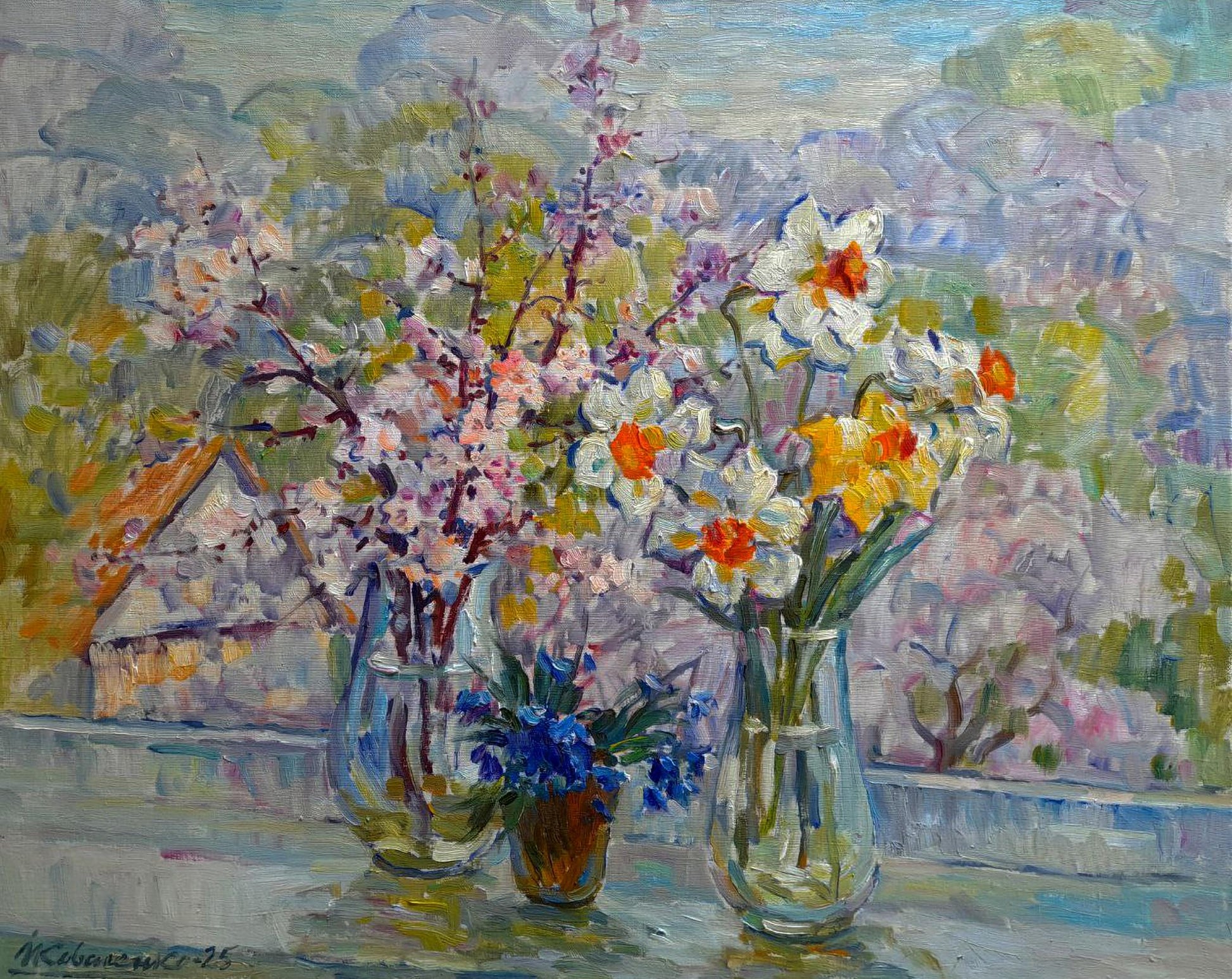 Oil painting Morning light and petals by Ivan Kovalenko with daffodils