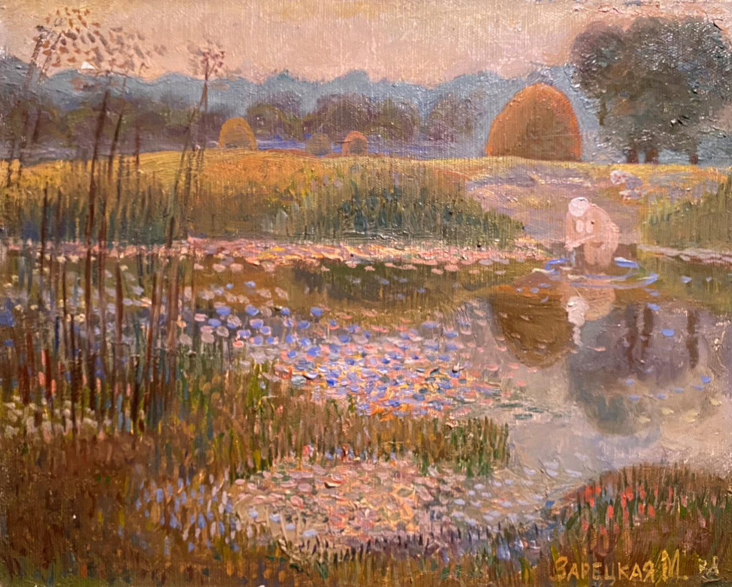 Oil painting The last ray by Maya Zaretskaya: golden fields, wildflowers, hay bales
