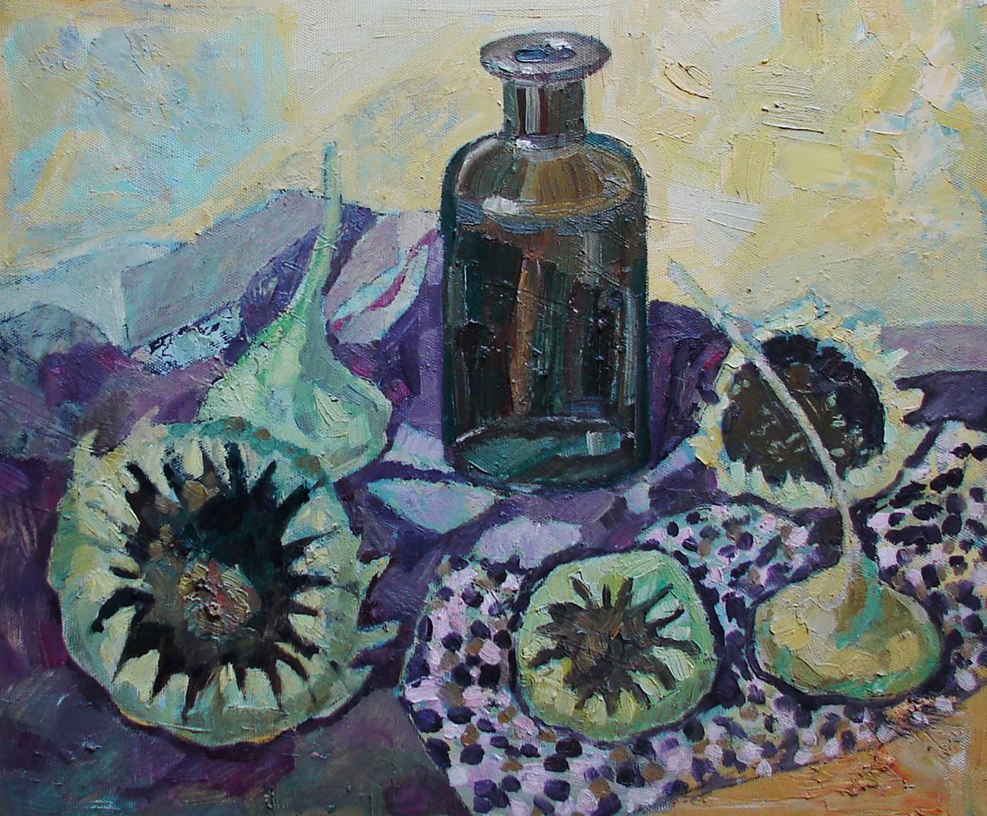 Oil painting Still life with dormouse by Tatyana Shulyak: dark green bottle with silver neck on sunflowers