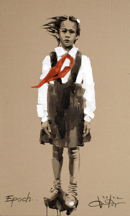 Stylized acrylic painting Goodbye Era by Dima Filatov: girl in shirt, overalls, red ribbon