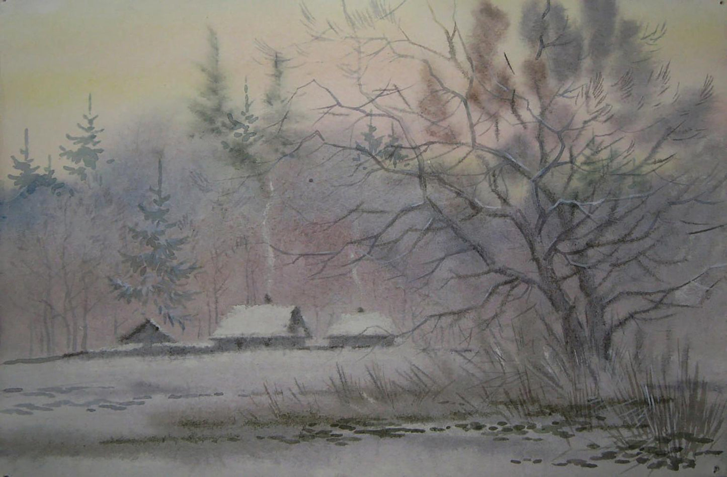 Watercolor painting of winter village by Valery Savenets snowy landscape