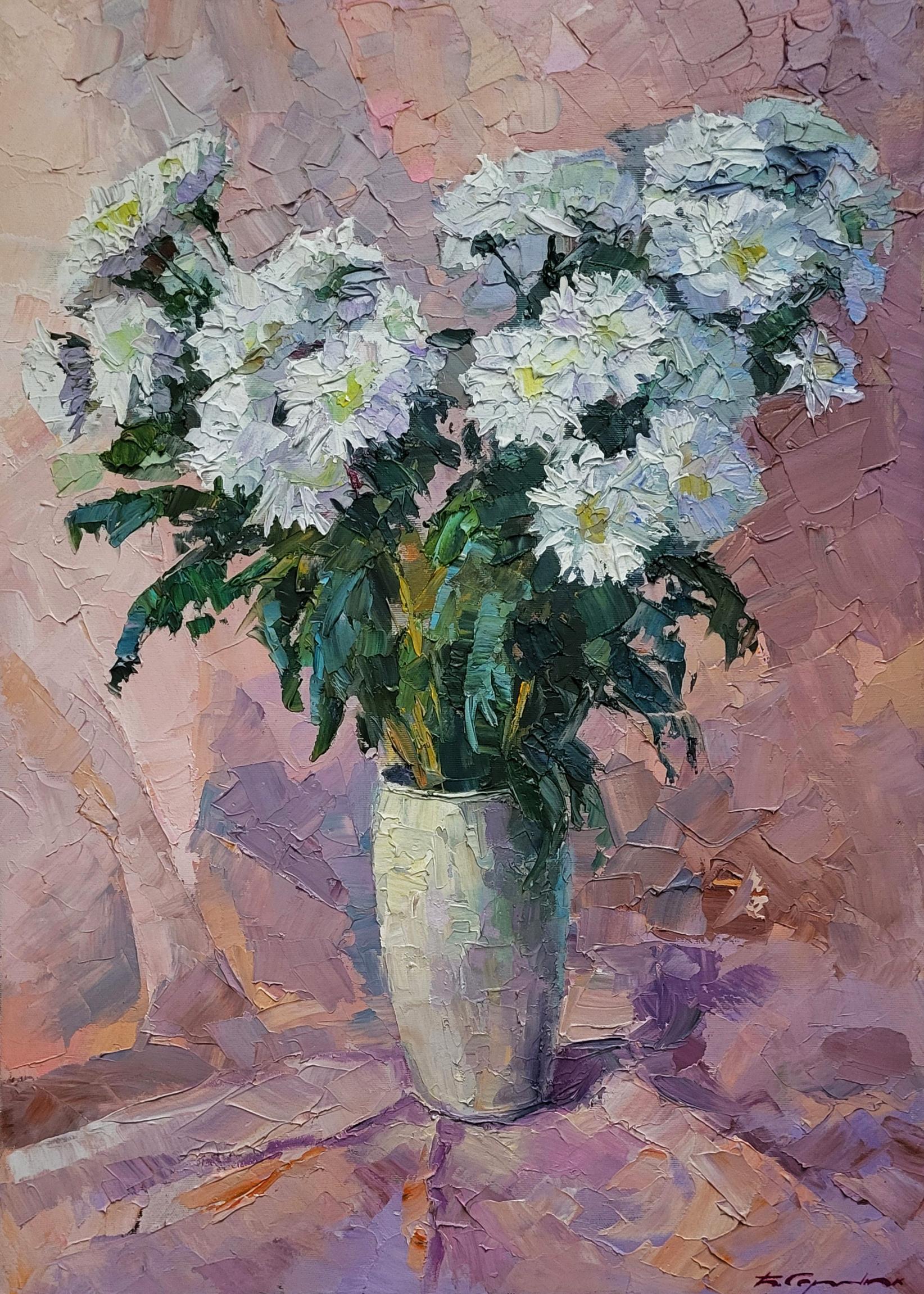 Oil painting of Chrysanthemum on pink by Boris Serdyuk with white ceramic vase