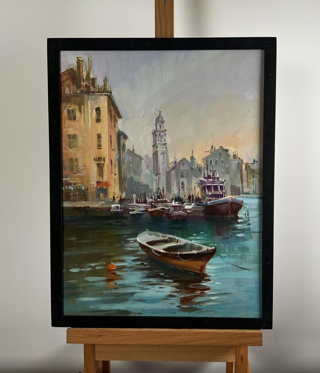 Framed oil painting of serene Venetian canal by Yuriy Suprunchuk