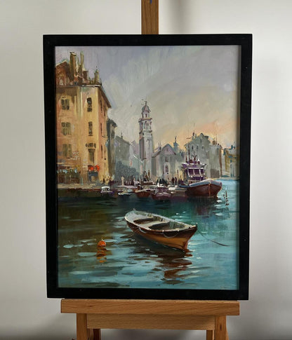Framed oil painting of serene Venetian canal by Yuriy Suprunchuk